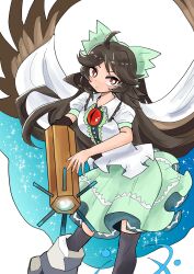 Rule 34 | 1girl, absurdres, ahoge, arm cannon, bird wings, black-framed eyewear, black hair, blush, bow, breasts, brown eyes, brown wings, buttons, cape, closed mouth, collared shirt, commentary request, control rod, expressionless, feet out of frame, frilled shirt collar, frills, green bow, green skirt, hair bow, highres, long hair, looking at viewer, makapiii, medium breasts, puffy short sleeves, puffy sleeves, reiuji utsuho, shirt, short sleeves, simple background, skirt, solo, starry sky print, third eye, touhou, two-sided cape, two-sided fabric, weapon, white background, white cape, white shirt, wings