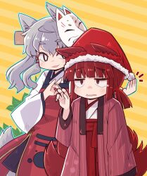Rule 34 | 2girls, :3, animal ears, apron, bright pupils, christmas, claw pose, commentary request, cowboy shot, fox ears, fox girl, fox mask, fox shadow puppet, fox tail, grey hair, grey tail, hair ribbon, hakama, hakama skirt, hand on headwear, hand up, haori, hat, highres, jacket, japanese clothes, kimono, light blush, long hair, long sleeves, looking at another, mask, mask on head, multiple girls, multiple tails, notice lines, original, parted lips, red apron, red eyes, red hair, red jacket, red ribbon, red sash, red skirt, red tail, ribbon, santa hat, sash, side slit, simple background, skirt, striped background, tail, tearing up, twintails, wavy mouth, white kimono, white pupils, wide sleeves, yellow background, yukinagi