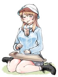 Rule 34 | 1girl, ankle boots, blue footwear, blue hat, blue shirt, blush, boots, brown eyes, brown hair, bubble tea, bubble tea challenge, closed eyes, commentary, cup, didagger, disposable cup, dress shirt, drinking, drinking straw, drinking straw in mouth, full body, girls und panzer, grey skirt, grey socks, hat, highres, holding, holding instrument, instrument, kantele, keizoku school uniform, kneehighs, long hair, long sleeves, mika (girls und panzer), miniskirt, object on breast, pleated skirt, school uniform, shirt, sitting, skirt, socks, solo, striped clothes, striped shirt, twitter username, vertical-striped clothes, vertical-striped shirt, wariza, white background, white shirt