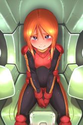 Rule 34 | absurdres, blue eyes, blush, bodysuit, cockpit, covered navel, from above, gundam, gundam zz, hair between eyes, highres, looking at viewer, onimaru (onimal7802), orange hair, own hands clasped, own hands together, pilot suit, puru two, short hair, sitting, skin tight, smile, solo, upper body