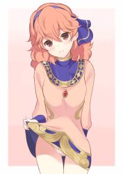Rule 34 | 1girl, blue hairband, blush, border, breasts, closed mouth, clothes lift, cowboy shot, dress, dress lift, female focus, fire emblem, fire emblem echoes: shadows of valentia, gem, genny (fire emblem), gluteal fold, gradient background, hair between eyes, hairband, happy, head tilt, highres, jewelry, jpeg artifacts, lifting own clothes, long sleeves, looking at viewer, medium hair, necklace, nintendo, orange hair, panties, pink background, pink dress, red eyes, shiyo yoyoyo, short dress, simple background, small breasts, smile, solo, standing, thigh gap, underwear, white border, white panties