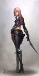 Rule 34 | 1girl, ass, back, blade, boots, foliage, gloves, green eyes, high heels, highres, katarina (league of legends), league of legends, long hair, looking at viewer, looking back, pants, red hair, scar, solo, tight clothes, tight pants