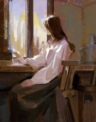 Rule 34 | 1girl, art study, brown hair, brown skirt, chair, collared shirt, desk, faux traditional media, from side, indoors, long hair, long sleeves, loose clothes, loose shirt, on chair, original, painterly, profile, realistic, shirt, sitting, skirt, solo, sunlight, table, turning head, white shirt, window, yuming li