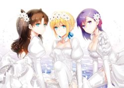 Rule 34 | 3girls, ahoge, alternate costume, arm support, artoria pendragon (all), artoria pendragon (fate), back, blonde hair, blue eyes, bow, breasts, brown hair, cleavage, cowboy shot, detached collar, dress, fate/stay night, fate (series), flower, from side, garter straps, gloves, gradient background, hair bun, hair flower, hair ornament, hair ribbon, half updo, juliet sleeves, k (shinya90), kneeling, lace, lace-trimmed dress, lace-trimmed legwear, lace trim, large breasts, leaning forward, light smile, long hair, long sleeves, looking at viewer, looking back, matou sakura, multiple girls, parted bangs, petals, puffy sleeves, purple eyes, purple hair, ribbon, saber (fate), see-through, short hair, single hair bun, small breasts, smile, thighhighs, tohsaka rin, two side up, veil, wedding dress, white dress, white gloves, zettai ryouiki
