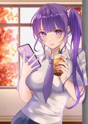 Rule 34 | 1girl, cellphone, closed mouth, collared shirt, commentary request, cup, drinking straw, frown, genshin impact, hair ornament, hair scrunchie, highres, holding, holding cup, holding phone, hotaboshi yazuki, indoors, leaning to the side, long hair, looking at viewer, necktie, phone, purple eyes, purple hair, purple necktie, raiden shogun, school uniform, scrunchie, shirt, short sleeves, side ponytail, smartphone, solo, upper body, white shirt, window, yaduki100