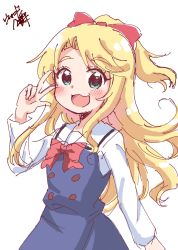 Rule 34 | 1girl, :3, arm up, blonde hair, blue dress, blush, bow, commentary request, dress, eyebrows, green eyes, hair bow, hair ornament, highres, himesaka noa, long hair, long sleeves, looking at viewer, open mouth, red bow, sailor dress, school uniform, signature, simple background, smile, solo, thick eyebrows, usagi koushaku, v, watashi ni tenshi ga maiorita!, white background