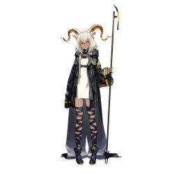 Rule 34 | 1girl, animal ears, arknights, beeswax (arknights), black coat, black collar, black footwear, black ribbon, boots, coat, collar, dark-skinned female, dark skin, dress, full body, hair between eyes, highres, holding, holding staff, horns, kawaguchi (mojacome), leg ribbon, long sleeves, looking at viewer, official art, open clothes, open coat, ribbon, short dress, short hair, silver hair, solo, staff, standing, transparent background, white dress, wide sleeves, yellow eyes