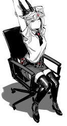 Rule 34 | 1girl, animal ears, arknights, arms up, bags under eyes, belt, black footwear, black necktie, black thighhighs, boots, chair, collared shirt, earclip, earthspirit (arknights), full body, goat ears, goat girl, goat horns, goat tail, grey skirt, hair ornament, hairclip, horns, hug (yourhug), looking at viewer, miniskirt, necktie, office chair, on chair, one eye closed, partially colored, red brooch, shirt, short sleeves, sidelocks, simple background, sitting, skirt, solo, stretching, swivel chair, thighhighs, white background, white shirt, zettai ryouiki