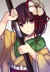 Rule 34 | 1girl, bow, drawing sword, flower, gradient background, hair flower, hair ornament, hieda no akyuu, holding, holding sword, holding weapon, janne cherry, japanese clothes, kimono, looking at viewer, obi, purple eyes, purple hair, sash, scabbard, sheath, simple background, solo, sword, touhou, unsheathing, upper body, weapon, wide sleeves