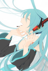 Rule 34 | 1girl, aqua hair, bad id, bad pixiv id, closed eyes, detached sleeves, female focus, harano, hatsune miku, headphones, headset, long hair, music, simple background, singing, solo, twintails, upper body, vocaloid, white background