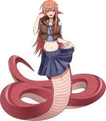 Rule 34 | 1girl, :d, bracelet, breasts, full body, game cg, hair between eyes, hair ornament, hairclip, hand on own cheek, hand on own face, happy, holding, holding clothes, holding skirt, jacket, jewelry, lamia, long hair, looking at viewer, midriff, miia (monster musume), monster girl, monster musume no iru nichijou, monster musume no iru nichijou online, navel, official art, open mouth, orange eyes, pointy ears, red hair, scales, skirt, slit pupils, smile, solo, standing, tail, transparent background, yellow eyes