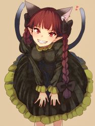 Rule 34 | 1girl, animal ears, bad id, bad twitter id, bent over, blush, bow, braid, breasts, brown background, cat ears, cat tail, dress, extra ears, fangs, green dress, grin, hair bow, hair ornament, heart, kaenbyou rin, long hair, long sleeves, looking at viewer, medium breasts, multiple tails, pointy ears, puffy sleeves, red eyes, red hair, simple background, slit pupils, smile, solo, tail, touhou, twin braids, urin