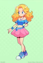 Rule 34 | 1girl, animated, audible music, bare shoulders, blonde hair, blue eyes, blue shirt, full body, green background, hair ornament, haley (stardew valley), jewelry, live2d, midriff, necklace, pearl necklace, pink skirt, shirt, shoes, short sleeves, skirt, sneakers, solo, sound, standing, star (symbol), star hair ornament, stardew valley, tagme, video