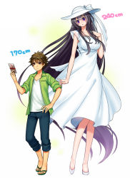 Rule 34 | 1boy, 1girl, 2channel, absurdly long hair, blush, breasts, brown eyes, brown hair, dress, giant, giantess, hasshaku-sama, hat, height difference, ko-on (ningen zoo), large breasts, long hair, open mouth, purple eyes, sandals, short hair, tall, very long hair