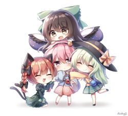 Rule 34 | 4girls, :d, ^ ^, animal ears, artist name, black bow, black footwear, black hair, black hairband, black headwear, black wings, blue shirt, blush, bow, braid, brown eyes, cat ears, cat tail, chibi, closed eyes, dress, feathered wings, floral print, green bow, green dress, green hair, green skirt, hair between eyes, hair bow, hair ornament, hairband, hand up, hat, hat bow, head tilt, heart, heart hair ornament, highres, juliet sleeves, kaenbyou rin, komeiji koishi, komeiji satori, long hair, long sleeves, looking at viewer, looking to the side, miniskirt, multiple girls, multiple tails, nekomata, open mouth, paw pose, pink eyes, pink footwear, pink hair, pink skirt, pudding (skymint 028), puffy sleeves, red hair, reiuji utsuho, revision, shadow, shirt, shoes, short hair, siblings, signature, simple background, sisters, skirt, smile, standing, standing on one leg, tail, third eye, touhou, twin braids, twintails, two tails, white background, wide sleeves, wings, yellow bow, yellow shirt
