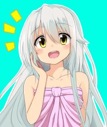 Rule 34 | 1girl, :d, bare shoulders, blue background, cacao (cacao0809), long hair, looking at viewer, open mouth, original, silver hair, simple background, smile, solo, yellow eyes