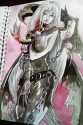 Rule 34 | 1girl, asymmetrical clothes, belt, breasts, chain, claws, demon girl, elbow gloves, gloves, highres, leather suit, long hair, mask, red eyes, torn clothes, white hair, wings