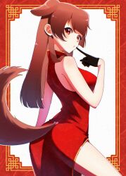 Rule 34 | 1girl, alternate costume, animal ears, ass, black gloves, border, breasts, brown hair, china dress, chinese clothes, commentary request, cowboy shot, dog ears, dog girl, dog tail, dress, from side, gloves, gold trim, highres, hololive, index finger raised, inugami korone, large breasts, long hair, looking at viewer, parted lips, red border, red dress, red eyes, solo, tail, uni (maru231), virtual youtuber