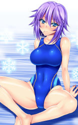 Rule 34 | 00s, 1girl, bad id, bad pixiv id, blue eyes, candy, competition swimsuit, food, highres, indian style, lollipop, mouth hold, one-piece swimsuit, purple hair, rosario+vampire, sen (sansui), shirayuki mizore, short hair, sitting, solo, swimsuit