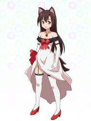 Rule 34 | 1girl, adapted costume, bare shoulders, breasts, brown hair, cato (monocatienus), commentary request, dress, elbow gloves, flower, full body, garter straps, gloves, high heels, imaizumi kagerou, jewelry, long hair, looking at viewer, off-shoulder dress, off shoulder, open mouth, pendant, red eyes, red footwear, shoes, small breasts, smile, solo, standing, strapless, strapless dress, touhou, white background, white dress, white gloves, white legwear
