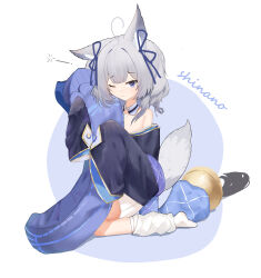 Rule 34 | 1girl, absurdres, aged down, ahoge, animal ear fluff, animal ears, azur lane, blue eyes, blue kimono, blue ribbon, character name, closed mouth, fox ears, fox girl, fox tail, full body, grey hair, hair ribbon, hands up, highres, holding, holding pillow, japanese clothes, kimono, leg warmers, medium hair, one eye closed, pillow, ribbon, shinano-chan (azur lane), simple background, sleeves past fingers, sleeves past wrists, solo, tail, user gayc3272, white background
