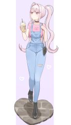 Rule 34 | 1girl, absurdres, alice (nikke), bag, blue overalls, breasts, casual, cropped shirt, full body, goddess of victory: nikke, hair between eyes, handbag, heart, highres, holding, long hair, medium breasts, overalls, peroinnu, pink eyes, pink hair, pink shirt, shirt, sidelocks, solo, torn clothes, twintails