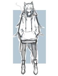 Rule 34 | 1girl, animal ear piercing, animal ears, arknights, blue background, boots, drawstring, greyscale with colored background, hair between eyes, hands in pockets, highres, hood, hood down, hooded sweater, looking at viewer, pantyhose, simple background, sketch, smoke, smoking, solo, sweater, tail, texas (arknights), wolf ears, wolf girl, wolf tail, yosua 0669