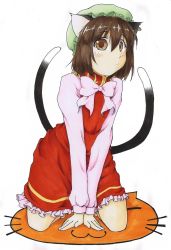 Rule 34 | 1girl, alto-00, animal ears, brown hair, cat ears, cat girl, cat tail, chen, earrings, female focus, full body, hat, jewelry, short hair, simple background, skirt, solo, tail, touhou, traditional media, white background