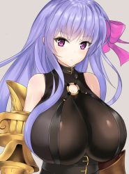 Rule 34 | 10s, 1girl, bare shoulders, bow, breasts, claws, cleavage, detached sleeves, ero waifu, fate/extra, fate/extra ccc, fate/grand order, fate (series), grey background, hair bow, hair ribbon, highres, huge breasts, long hair, looking at viewer, o-ring, o-ring top, parted lips, passionlip (fate), purple eyes, purple hair, ribbon, see-through, simple background, skindentation, upper body, very long hair