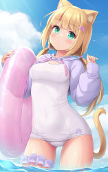 Rule 34 | 1girl, animal ear fluff, animal ears, aqua eyes, blue sky, blunt bangs, bridal garter, cat ears, cat girl, cat tail, closed mouth, cloud, commentary request, day, dot mouth, drawstring, hair ornament, highres, innertube, long hair, long sleeves, looking at viewer, low twintails, one-piece swimsuit, original, outdoors, sasaame, school swimsuit, shrug (clothing), sky, solo, sunlight, swim ring, swimsuit, tail, twintails, wading, water, white one-piece swimsuit