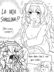Rule 34 | 3girls, alternate hairstyle, blood, crossover, english text, flustered, gambier bay (kancolle), german text, girls&#039; frontline, greyscale, guin guin, hair down, hair ornament, headband, italian text, kantai collection, look-alike, monochrome, multiple girls, nosebleed, s.a.t.8 (girls&#039; frontline), sweater, tagme, tearing up, trembling, ump9 (girls&#039; frontline)