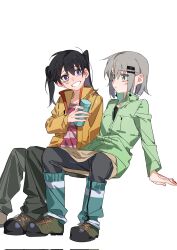 Rule 34 | 2girls, black hair, boots, bright pupils, closed mouth, commentary, corrupted twitter file, full body, gaiters, green eyes, green footwear, green jacket, green pants, grey hair, grey pants, grin, hair ornament, hairclip, hashtag-only commentary, highres, holding thermos, jacket, kuraue hinata, long hair, long sleeves, medium hair, molu stranger, multiple girls, open mouth, pants, pink shirt, purple eyes, shirt, simple background, sitting, smile, striped clothes, striped shirt, twintails, white background, white pupils, yama no susume, yellow jacket, yukimura aoi