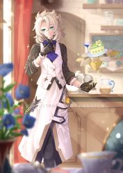 Rule 34 | 1boy, albedo (genshin impact), albedo (sweets paradise) (genshin impact), apron, aqua eyes, artist name, black gloves, black pants, black shirt, blonde hair, blue flower, blue necktie, blurry, blurry background, blurry foreground, blush, cake, cake slice, chain, chair, chalkboard, closed mouth, collared shirt, commentary request, counter, cup, curtains, door, drinking glass, eyelashes, floating, floating object, flower, food, genshin impact, gloves, hair between eyes, hanapen, hand up, head tilt, highres, indoors, light brown hair, light particles, light rays, looking at viewer, male focus, medium hair, necktie, official alternate costume, pants, parted bangs, pitcher (container), plant, plate, pocket, shelf, shirt, short necktie, sidelocks, smile, solo, standing, sunlight, table, teacup, vase, vest, vision (genshin impact), watermark, white apron, white vest, window