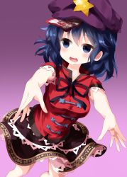 Rule 34 | 1girl, black neckwear, black ribbon, black skirt, blue eyes, blue hair, cabbie hat, chinese clothes, cowboy shot, gradient background, hair between eyes, hat, hat ornament, highres, jiangshi, looking to the side, medium hair, miyako yoshika, ofuda, open mouth, outstretched arms, purple background, purple hat, ribbon, ruu (tksymkw), short sleeves, skirt, solo, standing, star (symbol), star hat ornament, tangzhuang, touhou, zombie pose
