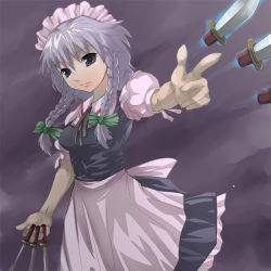 Rule 34 | 1girl, 4hands, between fingers, bow, braid, female focus, hair bow, holding, izayoi sakuya, knife, short hair, silver hair, solo, throwing knife, touhou, twin braids, weapon