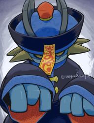 Rule 34 | . ., chinese clothes, colored sclera, commentary request, creatures (company), game freak, gen 3 pokemon, hat, highres, jiangshi, looking at viewer, marshtomp, nintendo, no humans, pokemon, pokemon (creature), smile, solo, swampert, veganswampert, yellow sclera