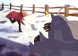 Rule 34 | ^^^, 2boys, alphonse elric, armor, back turned, blonde hair, braid, brothers, coat, day, edward elric, fence, flamel symbol, fullmetal alchemist, gloves, lowres, male focus, multiple boys, outdoors, pants, red coat, siblings, snow, snowball