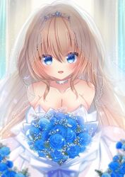 1girl 9-nine- :d absurdres alternate_costume bare_shoulders blue_eyes blue_flower blue_rose blush bouquet breasts bridal_veil bride brown_hair choker cleavage collarbone colored_eyelashes commentary_request commission cowboy_shot dress eyes_visible_through_hair flower hair_between_eyes happy highres holding holding_bouquet kujou_miyako large_breasts leaf light_particles long_hair looking_at_viewer nekota_min open_mouth rose sidelocks skeb_commission smile solo sparkle straight-on strapless strapless_dress tiara veil very_long_hair wedding wedding_dress white_choker white_dress white_flower