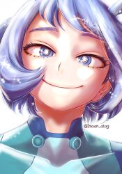 Rule 34 | 1girl, blue bodysuit, blue eyes, blue hair, bodysuit, boku no hero academia, bright pupils, closed mouth, commentary request, eyelashes, hadou nejire, imoan atag, looking at viewer, short hair, smile, solo, sparkle, twitter username, white background, white pupils