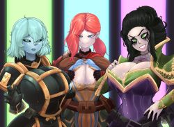 Rule 34 | 3girls, anasteria, armor, belt, black hair, black sclera, blue eyes, blue hair, blush, breasts, bridal gauntlets, byscilla, capelet, cleavage, clenched teeth, collar, colored sclera, colored skin, dress, embarrassed, eyeshadow, female focus, gauntlets, gloves, green eyes, grey skin, grim dawn, hair between eyes, hair bun, hair over eyes, hair over one eye, highres, huge breasts, jewelry, korinia, kvr, large breasts, lips, lipstick, looking at viewer, makeup, multiple girls, naughty face, necklace, open mouth, paizuri invitation, ponytail, pouch, red hair, runny makeup, short hair, shoulder pads, smile, smug, standing, sweat, teeth, torn clothes, uniform, witch