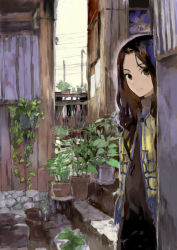 Rule 34 | 1girl, brown eyes, brown hair, humi, long hair, original, plant, potted plant, smile, solo, stairs, toi8