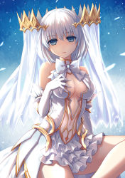 Rule 34 | 1girl, absurdres, blue eyes, breasts, bright pupils, center opening, cleavage, clothing cutout, covered navel, date a live, dress, elbow gloves, fish.boy, gloves, hand on own chest, headgear, highres, looking at viewer, medium breasts, navel, parted lips, see-through, short hair, sitting, solo, tobiichi origami, veil, white dress, white gloves, white hair