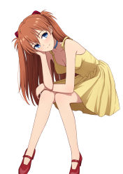 Rule 34 | 1girl, bare arms, bare legs, bare shoulders, blue choker, blue eyes, blush, breasts, brown hair, choker, cleavage, closed mouth, collarbone, dress, hand on own cheek, hand on own face, highres, leaning forward, long hair, looking at viewer, neon genesis evangelion, red footwear, shoes, sitting, sleeveless, sleeveless dress, small breasts, smile, solo, souryuu asuka langley, straight hair, sundress, twintails, two side up, very long hair, yahiro (epicopeiidae), yellow dress