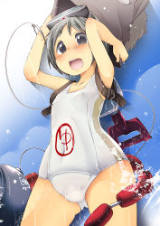 Rule 34 | 10s, 1girl, aki (akikaze asparagus), black hair, blush, brown eyes, diving mask, diving mask on head, goggles, goggles on head, kantai collection, looking at viewer, maru-yu (kancolle), one-piece swimsuit, open mouth, personification, school swimsuit, short hair, solo, swimsuit, water, wet, wet clothes, wet swimsuit, white one-piece swimsuit, white school swimsuit