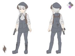 Rule 34 | &gt;:(, 1girl, beret, black footwear, black headwear, black pantyhose, black skirt, black vest, boots, closed mouth, collared shirt, color guide, commentary request, cross-laced footwear, frown, grey hair, grey shirt, gun, handgun, hat, highres, holding, holding gun, holding weapon, horns, kuro kosyou, lace-up boots, long hair, long sleeves, multiple views, original, pantyhose, pleated skirt, pointy ears, purple eyes, shirt, skirt, standing, turnaround, v-shaped eyebrows, vest, weapon