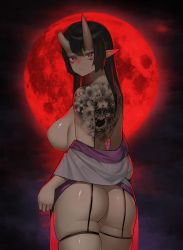 Rule 34 | 1girl, absurdres, artist request, ass, backlighting, black hair, breasts, bright pupils, broken horn, commission, cowboy shot, empty eyes, facial mark, from side, full moon, garter straps, highres, horns, huge filesize, large breasts, long hair, looking at viewer, looking back, moon, nipples, off shoulder, oni horns, original, pointy ears, red eyes, red moon, shiny skin, sideboob, skindentation, solo, tattoo, white pupils