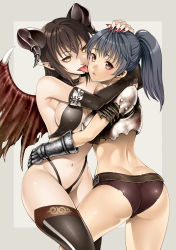 Rule 34 | 2girls, armor, artist self-insert, ass, belt, black gloves, black legwear, blue hair, blush, breastplate, breasts, brown eyes, brown panties, buckle, covered erect nipples, dark souls (series), dark souls i, demon girl, elbow gloves, gauntlets, gloves, hand on another&#039;s head, highres, horns, hug, large breasts, leg between thighs, licking, licking another&#039;s cheek, licking another&#039;s face, long hair, medium breasts, multiple girls, navel, old-one, open mouth, panties, pointy ears, ponytail, simple background, smile, the elder scrolls, the elder scrolls v: skyrim, thighhighs, tongue, tongue out, underwear, wings, yellow eyes, yuri