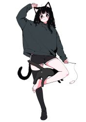 Rule 34 | 1girl, ahoge, animal ear fluff, animal ears, arm up, balancing, bare legs, barefoot, black cat, black eyes, black hair, black shorts, black thighhighs, blunt bangs, blush, blush stickers, bright pupils, cat, cat ears, cat girl, cat tail, cat teaser, commentary request, dolphin shorts, full body, grey hoodie, highres, holding, hood, hoodie, legs, looking at viewer, megateru, nose blush, original, shorts, single sock, smile, socks, soles, solo, standing, standing on one leg, tail, thighhighs, toes, white background, white pupils, x anus