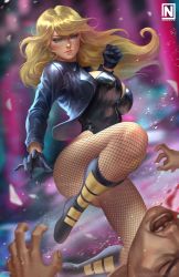 Rule 34 | 1boy, 1girl, absurdres, black canary, black leotard, blonde hair, blood, blue eyes, blurry, blurry background, boots, breasts, clenched hand, dc comics, expressionless, fishnet pantyhose, fishnets, highres, jacket, justice league, large breasts, leather, leather jacket, leotard, lips, lipstick, long hair, looking at viewer, makeup, nopeys, pantyhose, solo focus, superhero costume
