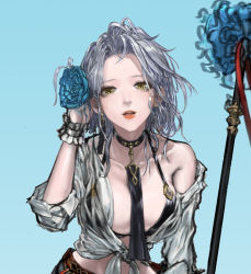 Rule 34 | 1girl, blue background, breasts, cleavage, earrings, epic seven, flower, highres, jewelry, looking at viewer, medium hair, necklace, open mouth, scythe, short hair, sigret (epic seven), solo, white hair, yellow eyes